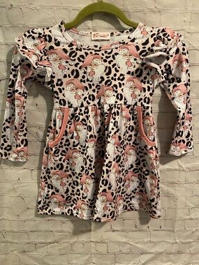 Pink Leopard Santa Ruffle Long Sleeve Dress